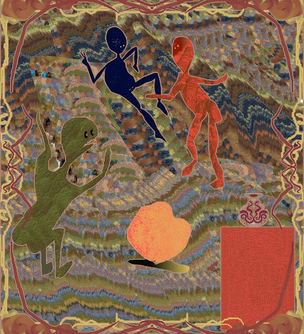 A colorful abstract artwork depicting three stylized humanoid figures in dark blue, red, and green against a textured, wavy multicolored background, with an orange heart-like shape and decorative red borders.