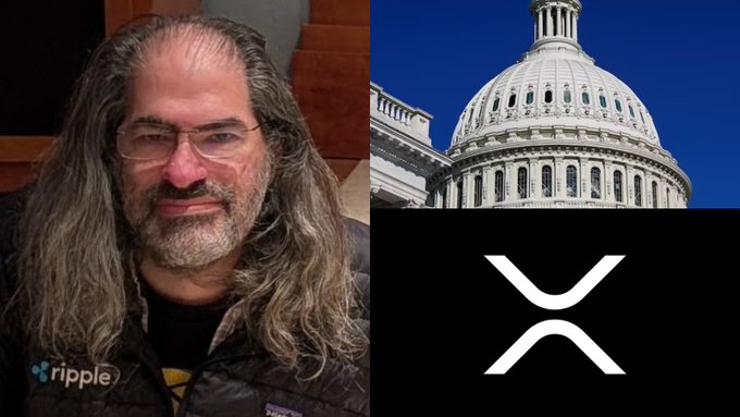 The image features a man with long hair wearing glasses and a black jacket, standing next to a building that looks like the U.S. Capitol. The man appears to be smiling for the camera. In front of him, there's an X-Ray vision of the U.S. Capitol in Washington D.C., which is white and has a dome on top. The image also includes text that reads "CRAZY: David Schwartz warns that if the CLARITY Act does not get signed into law, crypto could remain trapped as securities forever."