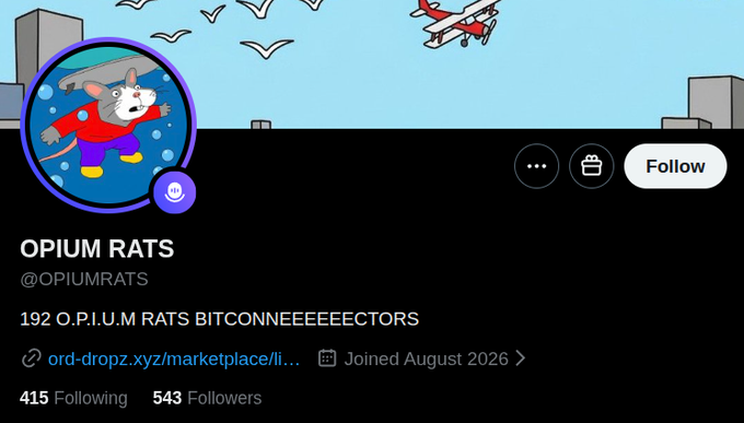 A Twitter/X profile for 'OPIUM RATS' (@OPIUMRATS) featuring a cartoon rat mascot, the tagline '192 O.P.I.U.M RATS BITCONNEEEEECTORS,' and a link to ord-dropz.xyz/marketplace/li... with 415 following and 543 followers.