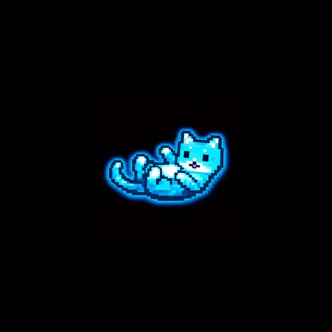 A pixel art blue cat with a white belly lies playfully on a dark background, matching the "Ink Cats" minting theme of the post which promotes the NFT collection launching on OpenSea with 3,333 unique cats featuring 100+ traits.
