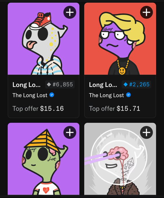 A screenshot of an NFT marketplace showing four cartoon character collectibles from the 'Long Lost' collection with various top offers in dollars.