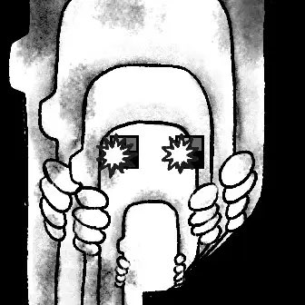 A black and white surreal illustration showing hands gripping the sides of a stylized, dripping structure with two starburst shapes resembling eyes in the center.