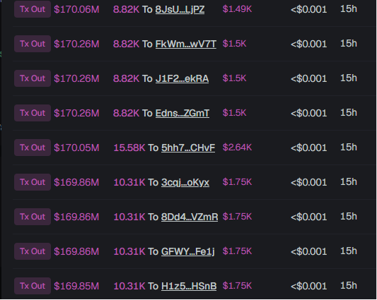 A list of cryptocurrency transactions shows multiple token airdrop distributions labeled "Tx Out" with amounts ranging from $169.85M to $170.26M, sent in chunks of 8.82K, 10.31K, and 15.58K to various wallet addresses (8JsU...LiPZ, FkWm...W7T, J1F2...ekRA, Edns...ZGmT, 5hh7...CHvF, 3cqj...oKyx, 8Dd4...VZmR, GFWY...FeJj, H1z5...H5nB) at a 15h timestamp. The transactions visually support the post's claim of an airdrop distributed at a ~170M market cap, with each allocation being worth approximately <$0.001.