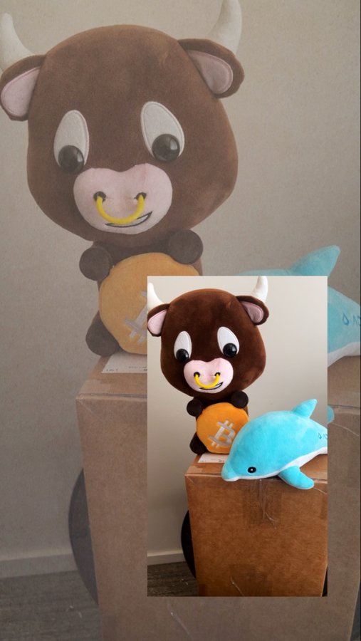 A plush toy resembling a brown bull with horns and a yellow Bitcoin symbol on its chest sits on a cardboard box next to a blue dolphin plush.
