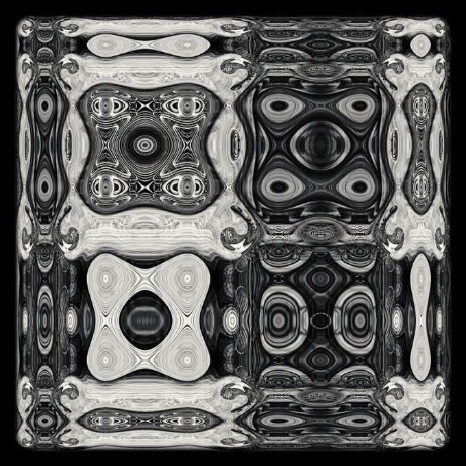 A black and white abstract image featuring symmetrical, kaleidoscopic patterns with eye-like shapes.
