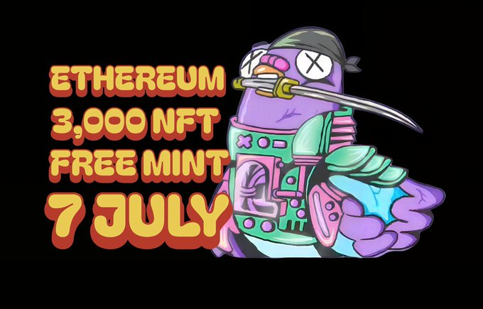 A promotional graphic with bold orange text reading 'ETHEREUM 3,000 NFT FREE MINT 7 JULY' alongside a cartoon illustration of a purple ninja-like character with X eyes holding a sword.