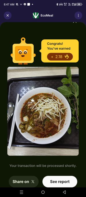 An EcoMeal app screenshot showing a congratulations message for earning +2.18 credits after purchasing a bowl of noodle soup with bean sprouts on a tray.