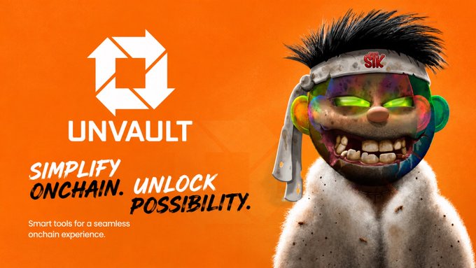 An orange-themed banner for 'UNVAULT' featuring a chaotic NFT character with spiky hair and glowing green eyes, with text reading 'SIMPLIFY ONCHAIN. UNLOCK POSSIBILITY. Smart tools for a seamless onchain experience.'