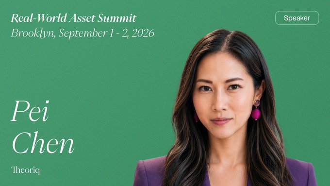The promotional graphic features Pei Chen, CEO of Theoriq, announced as a speaker at the Real-World Asset Summit in Brooklyn on September 1-2, 2026. The image supports the accompanying post about her joining industry leaders to discuss the evolving curation and yield layer, with vaults as a central topic.
