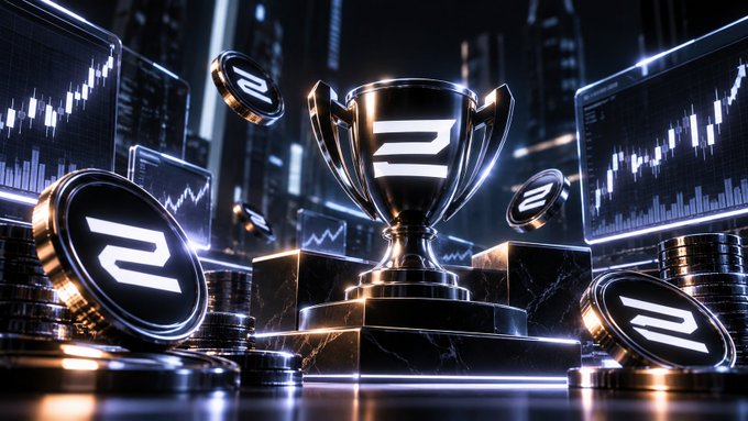 A 3D rendered graphic showing a silver trophy with the DYdX logo surrounded by DYDX coins and financial charts on screens in the background.