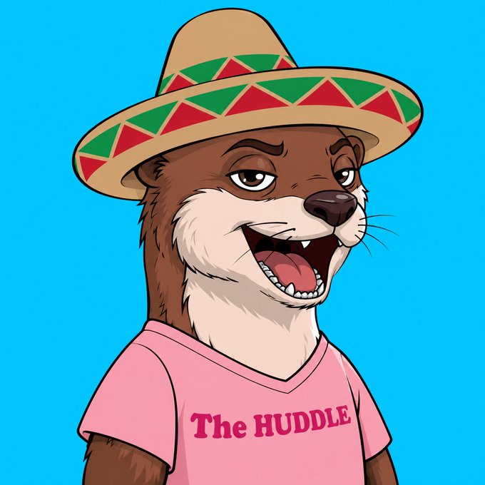 A cartoon otter character wearing a sombrero and a pink t-shirt that reads 'The HUDDLE' against a bright blue background.