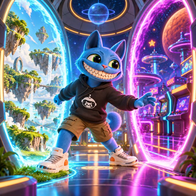 A digital artwork of a blue anthropomorphic cat character with a wide, toothy grin, wearing a hoodie and cargo shorts, standing between glowing portals to different worlds.