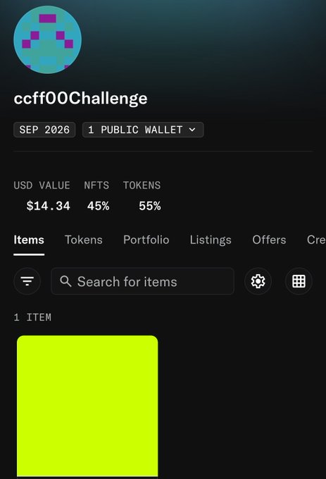 A screenshot of a digital wallet interface labeled "ccff00Challenge" with a USD value of $14.34, displaying one item represented by a large neon green square.