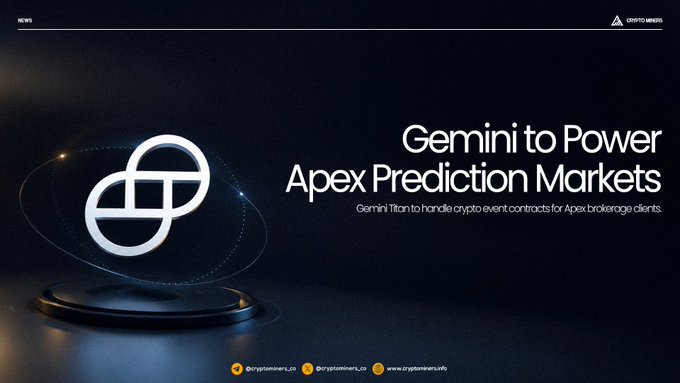 A dark-themed promotional graphic from Crypto Times News announcing 'Gemini to Power Apex Prediction Markets,' with the Gemini Titan logo and social handles for @cryptotimes_tv.
