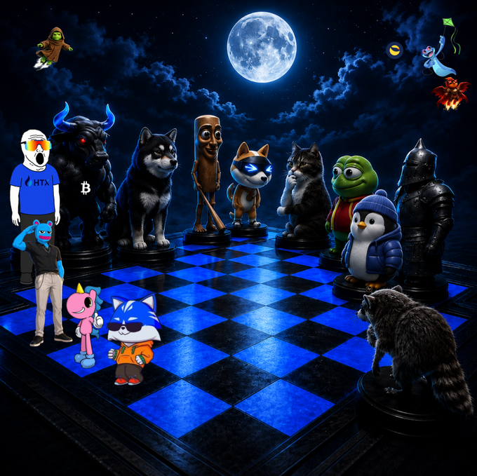 A surreal digital artwork featuring a chess board under a full moon, populated with various character figures including Shiba Inu dogs, a black bull, a green frog, a penguin, and other mascots representing different cryptocurrencies.