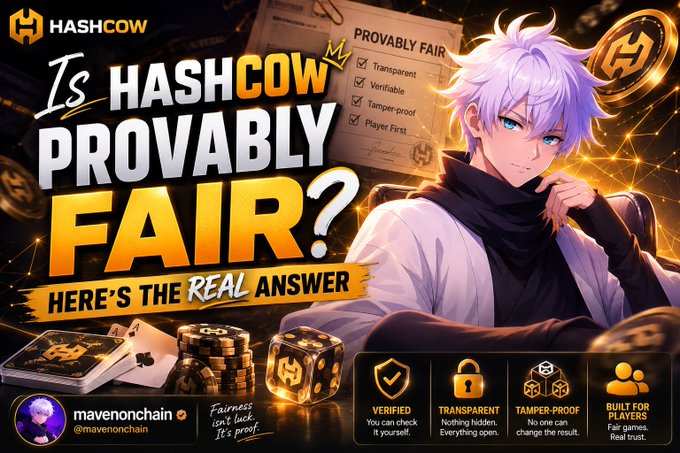 A promotional banner titled 'IS HASHCOW PROVABLY FAIR? HERE'S THE REAL ANSWER' featuring an anime-style character, gambling imagery, and features including 'VERIFIED', 'TRANSPARENT', 'TAMPER-PROOF', and 'BUILT FOR PLAYERS'.