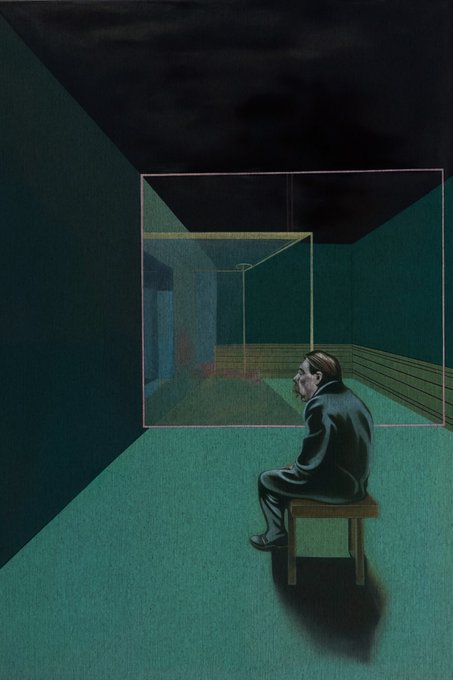 A surreal painting of a man in a dark suit sitting on a stool, facing a glass enclosure in a green-walled room, gazing at a faint reddish figure inside.