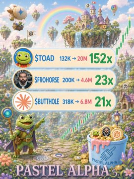A colorful meme-style graphic titled 'PASTEL ALPHA' showing three cryptocurrency tokens ($TOAD, $FROHORSE, $BUTTHOLE) with their market cap growth displayed against a fantasy castle background.