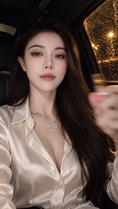 A woman with long dark hair wearing a satin blouse and a flower pendant necklace sits inside a car at night, with rain visible on the window.