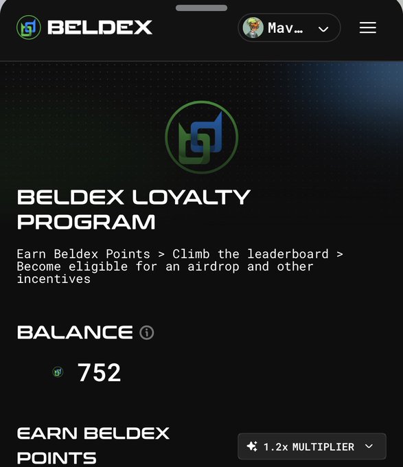 A screenshot of the Beldex Loyalty Program dashboard shows a balance of 752 BDX points with a 1.2x multiplier, supporting the post's claim of accumulating 752 points in the @BeldexCoin ecosystem.