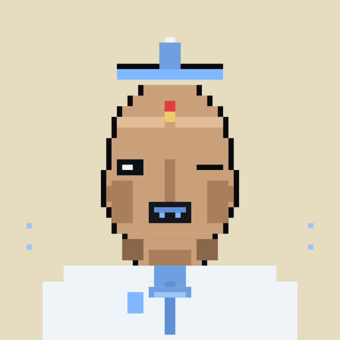 Pixel art portrait of a bald character with a small blue hat/hairpiece, red and yellow forehead mark, winking, with a blue object resembling a sword hilt below.