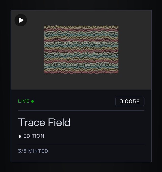 A digital art listing titled "Trace Field" marked as LIVE, priced at 0.005Ξ (ETH), showing 3/5 minted with a waveform-style visual artwork.