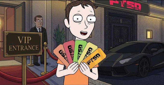 Animated cartoon scene of a wide-eyed character holding multiple 'PTSQ' tickets at a VIP Entrance, with a suited doorman, a Lamborghini, and a 'PTSQ' club sign in the background.