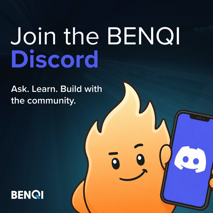 A promotional graphic reading 'Join the BENQI Discord - Ask. Learn. Build with the community' featuring a flame character holding a smartphone with the Discord logo.