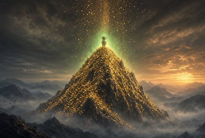 A fantasy artwork depicting a glowing mountain covered in golden particles with a figure standing at the peak beneath a dramatic sky.