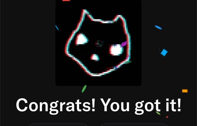 A pixelated, glitch-style image of a black cat head on a dark background with scattered confetti, accompanied by the text 'Congrats! You got it!'
