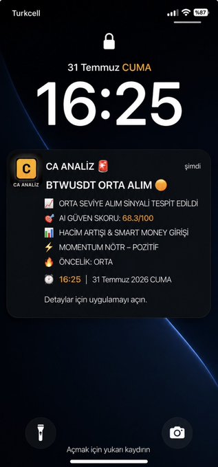 This is a notification from "CA ANALİZ" for "BTWUSDT ORTA ALIM" at 16:25 on July 31, 2026, indicating a buy signal detected by AI.