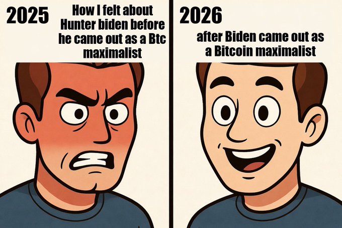 A two-panel meme showing the same character's contrasting reactions: in "2025" he appears angry and red-faced under the heading "How I felt about Hunter biden before he came out as a Btc maximalist," while in "2026" he smiles happily labeled "after Biden came out as a Bitcoin maximalist." The meme illustrates the dramatic shift in the poster's opinion based on the Bitcoin stance.