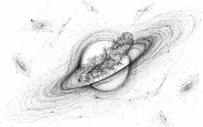 A black-and-white cosmic illustration depicts a glowing celestial body encircled by concentric rings resembling Saturn's, surrounded by scattered stars and nebulous clusters across a starry background.

The cosmic imagery of a galaxy with interconnected networks mirrors the post's message about $TAO, symbolizing how Bittensor's decentralized subnets form an intricate web of buying power that will drive the project forward beyond retail investors.
