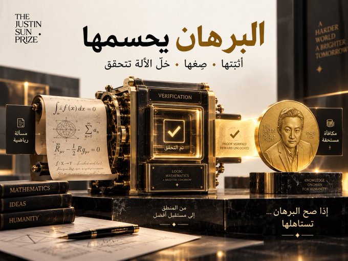 A promotional Arabic-language graphic for the "Justin Sun Prize" featuring a golden safe, mathematical equations, stacked books labeled "MATHEMATICS," "IDEAS," and "HUMANITY," and a gold coin with Justin Sun's portrait and the tagline "A HARDER WORLD, A BRIGHTER TOMORROW." The image visually reinforces the post's message by illustrating the integration of mathematics, AI, and blockchain technology that the prize rewards.
