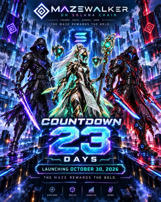 A promotional poster for 'MAZEWALKER ON SOLANA CHAIN' featuring three armored warriors with glowing weapons, showing a 'COUNTDOWN 23 DAYS' and 'LAUNCHING OCTOBER 30, 2026' with the tagline 'THE MAZE REWARDS THE BOLD.'