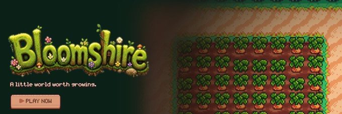 A promotional banner for "Bloomshire" features the game logo styled in pixel-art grass and flowers with the tagline "A little world worth growing" and a "PLAY NOW" button, alongside a pixelated view of a farm field with neat rows of crops. The image aligns with the post's description of Bloomshire as an onchain farming game, visually previewing the small, charming farm world the tweet invites players to tend.