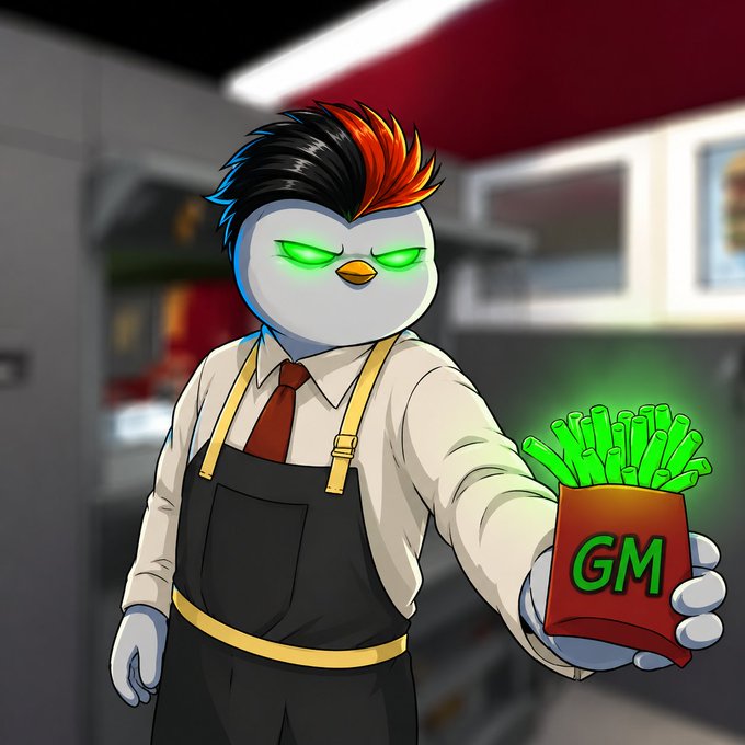 An anthropomorphic penguin with a fiery orange and black mohawk, wearing an apron and tie, extends a glowing red carton of fries labeled 'GM' toward the viewer.