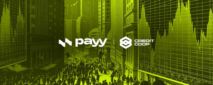 A green-tinted city street illustration features the logos of 'Payy' and 'CREDIT COOP' overlaid with financial chart patterns.