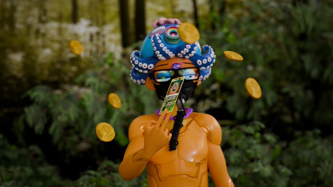 A 3D-rendered orange figure wearing a blue octopus hat, VR goggles, and a black face mask poses in a jungle setting, surrounded by floating gold coins while holding a smartphone.