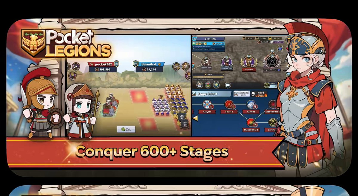 The image features a poster or advertisement for Pocket Legends, an action roleplaying game that allows players to create their own characters and engage in various adventures within a fantasy world. The poster showcases the game's main feature - the ability to conquer 600+ stages with unique abilities and skills. It also includes a character from the game, which is a girl dressed as a Roman princess. The image is accompanied by text that encourages players to pre-register ahead of the game launch or complete onboarding missions for the game on @Immutable Play.