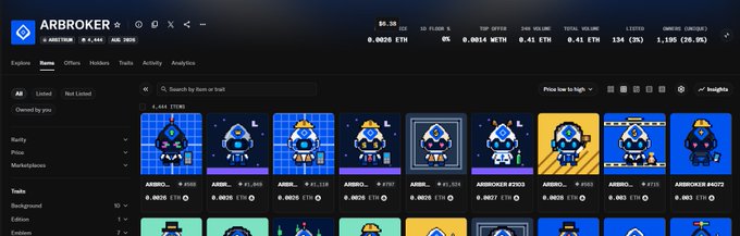 The ARBROKER NFT marketplace interface displaying a collection of blue-clad cartoon astronaut characters with various price listings in ETH, including items like 'ARBRO...' priced at 0.0020 ETH.