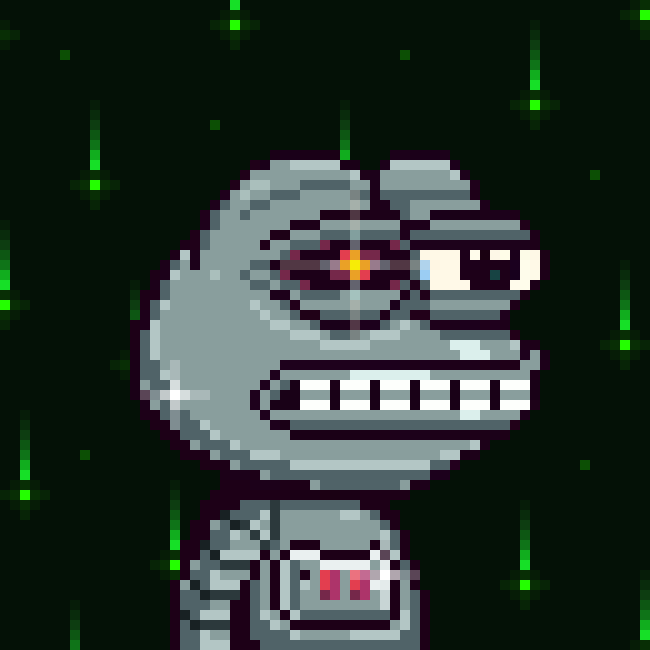 A pixel art depiction of a robotic dinosaur head with a red glowing eye against a dark green background with green star-like sparkles.