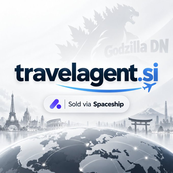 An advertisement for travelagent.si shows the domain name with 'Sold via Spaceship' beneath it, set against a backdrop featuring a world map, landmarks, and a Godzilla silhouette.