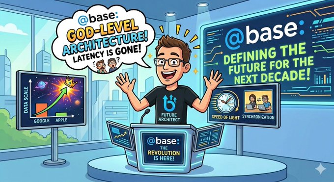 The image features a cartoon guy wearing glasses and a black shirt holding his hands up in an excited gesture while sitting at a desk next to two monitors displaying computer graphs. The text below him states "@base @God-level Architecture!" and mentions future trends, which seem to be related to software development or web design.