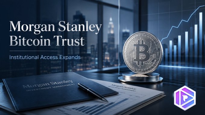 A promotional banner for 'Morgan Stanley Bitcoin Trust' stating 'Institutional Access Expands', showing a Bitcoin coin, a Morgan Stanley document, and an upward-trending chart in the background.