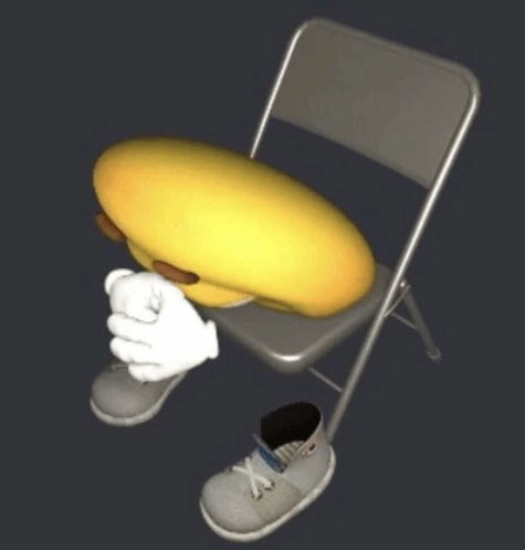 A surreal 3D render showing a yellow hot dog character with white-gloved cartoon hands and grey sneakers sitting on a folding chair.