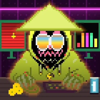 Pixel art of a bearded character wearing sunglasses and a conical hat with marijuana leaves, set against a purple background with monitors and a blue energy drink can.