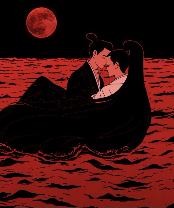 A stylized illustration shows two figures in traditional East Asian robes embracing intimately on a red sea beneath a large red moon, evoking the legend of the Weaver Girl and the Cowherd.