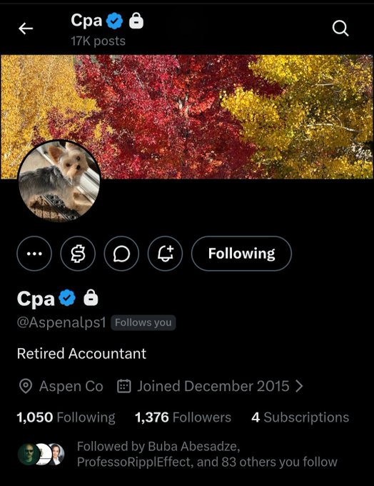 The image shows an X (formerly Twitter) profile page for "Cpa" (@Aspenalps1), a verified retired accountant based in Aspen, CO with 1,376 followers and 17K posts, featuring a fall foliage banner and a profile photo of a small dog. This profile belongs to the person being celebrated in the accompanying post as a dedicated "XRP OG" in the XRP HODL community.