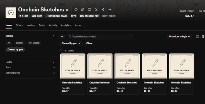 Magic Eden marketplace screenshot of the 'Onchain Sketches' NFT collection showing 5 items owned by the user, each priced at $3.47 with the status 'STILL IN PENCIL'.